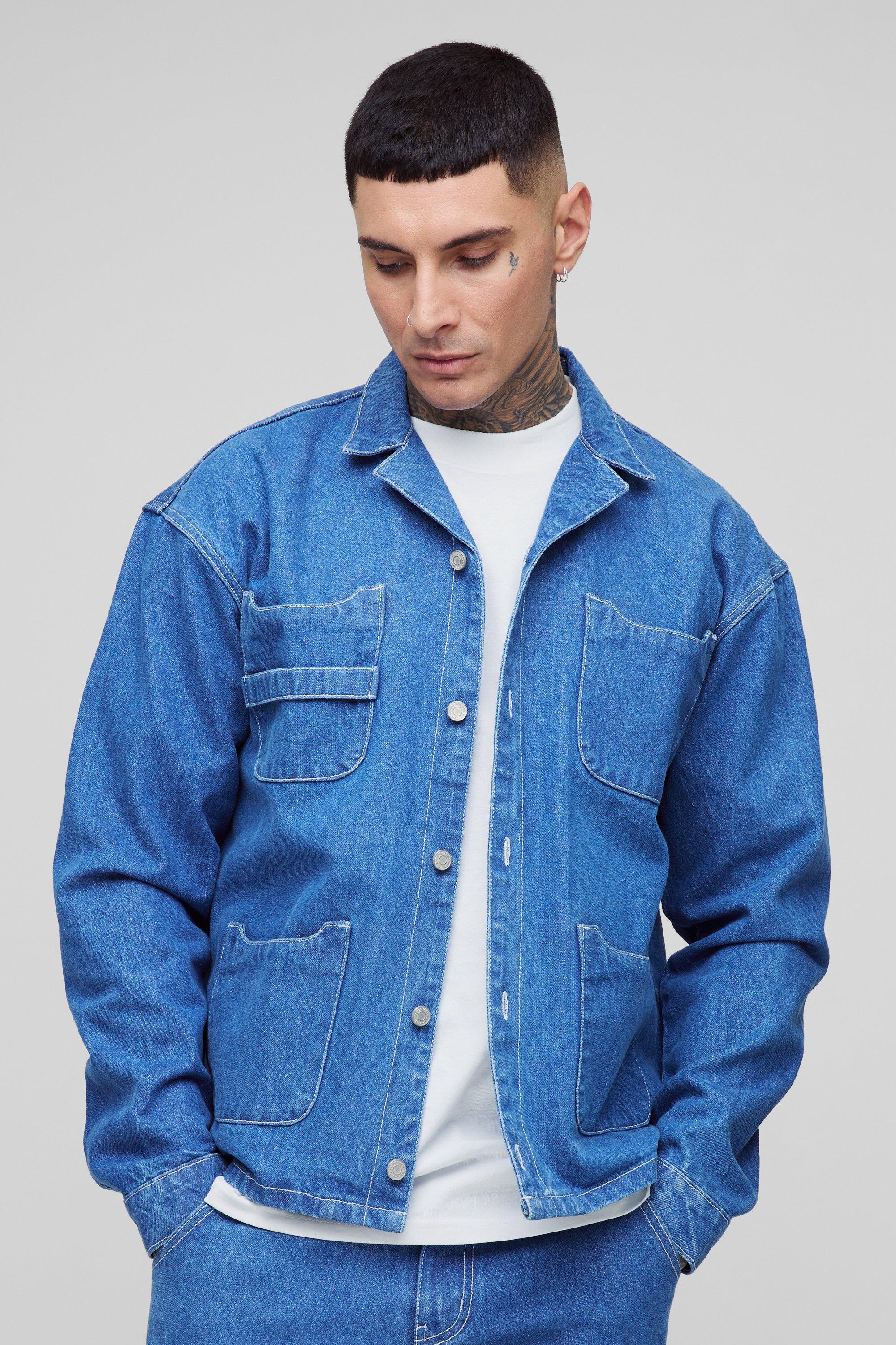 Mens Blue Tall Oversized Carpenter Pocket Denim Shirt, Blue